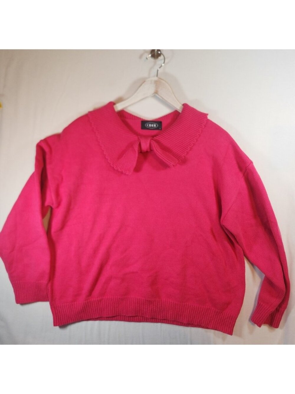 Cider Hot Pink Bow Collar Knit Sweater Long Sleeve Pullover Large